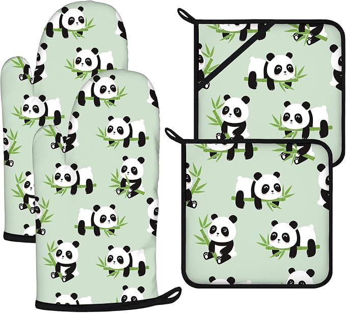 Cute Panda Oven Mitts and Pot Holders Sets 4Pcs, Extra Long Oven Gloves by VisittheDuibelproduct