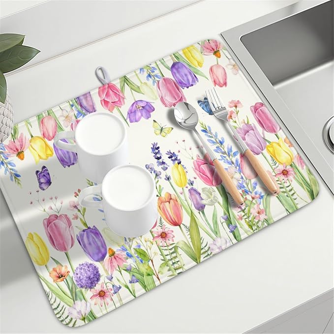 Spring Floral Dish Drying Mat for Kitchen Counter Easter Tulip Lavender Flower - Image 8
