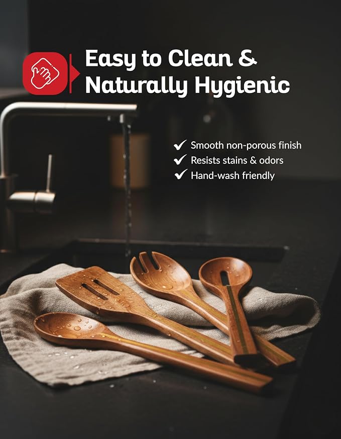 Acacia Utensil Set of 5 with Holder – Premium Wooden Cooking Utensils, Eco - Image 6
