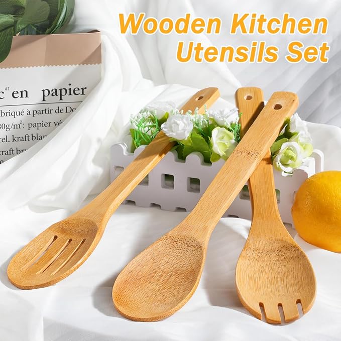 IOOLEEM Bamboo Wooden Spoons for Cooking 6 Pcs 12 Inch, Non-Stick Wooden - Image 6