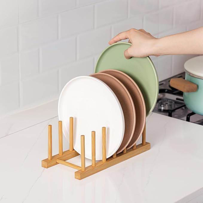 HBlife 4pcs Bamboo Dish Plate Bowl Cup Book Pot Lid Cutting Board Drying Rack - Image 6