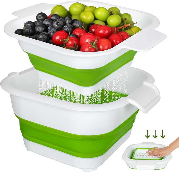 Collapsible Colander Set with Strainer Bowl, 2 in 1 Fruit Washing Basket with by ROTTOGOON