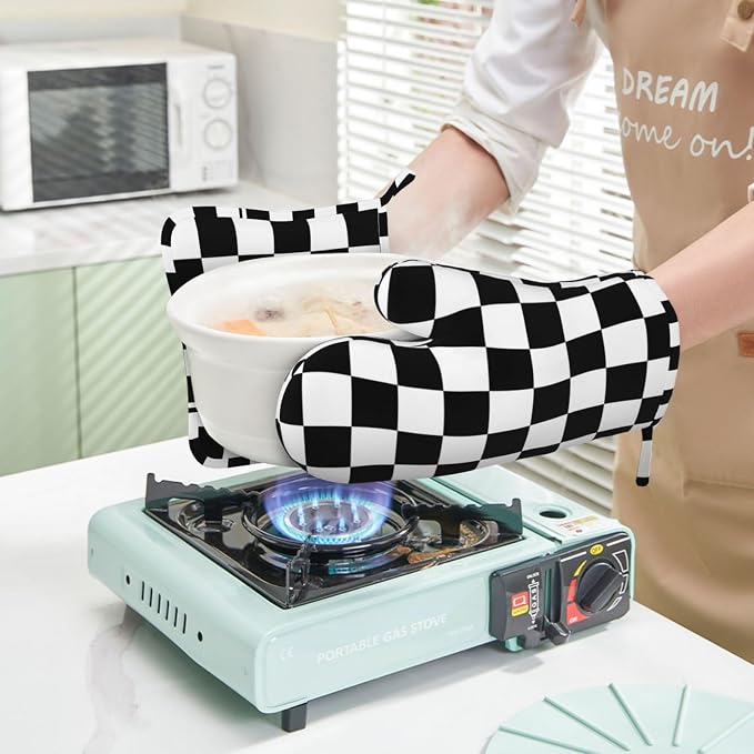 Black White Check Plaid Oven Mitts and Pot Holders Sets Silicone Black and - Image 6