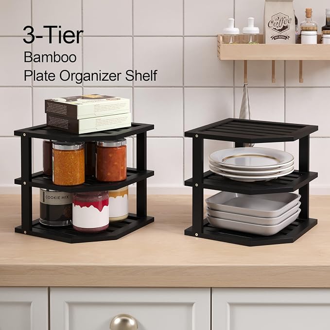 VERTORGAN 3 Tier Bamboo Corner Shelf, Dish Drying Rack, Plate Organizer - Image 4