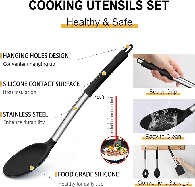 Silicone Cooking Utensils Set, E-far 14-Piece Black Kitchen Utensils Set - Image 5