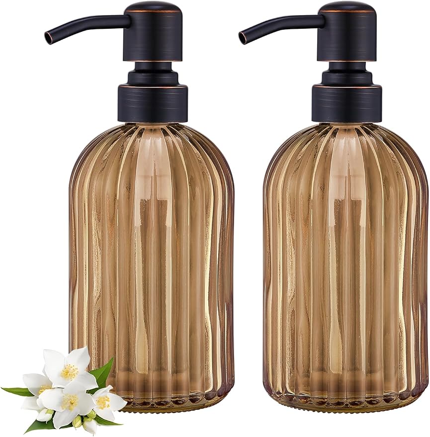 16 OZ Amber Glass Soap Dispenser, Amber Stripe Bathroom Hand Soap Dispensers by LEETCPHOME