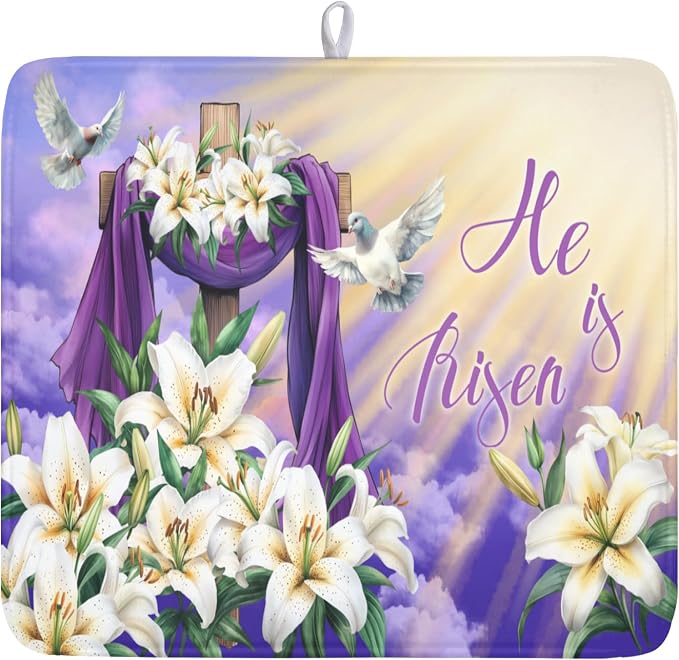 Easter Dish Drying Mat for Kitchen Counter He is Risen Cross Floral Purple by Unknown