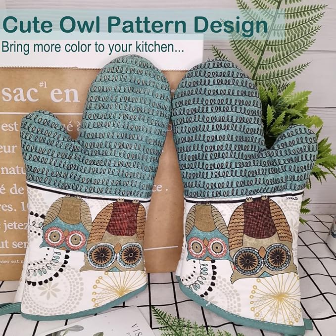Oven Mitts and Pot Holders Sets, Funny Owl Kitchen Oven Mitts Heat Resistant - Image 3