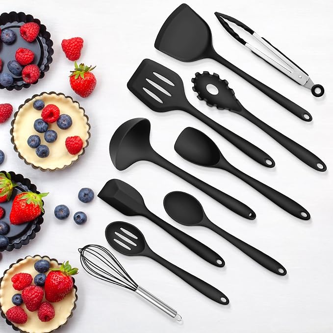 Silicone Cooking Utensils Set of 10, Leonyo Black Kitchen Utensils Set - Image 7
