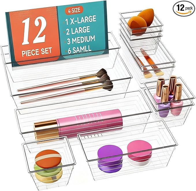 DCA 12 Pack Clear Drawer Organizer, 4 Sizes Makeup organizer, Vanity Organizer by DCA
