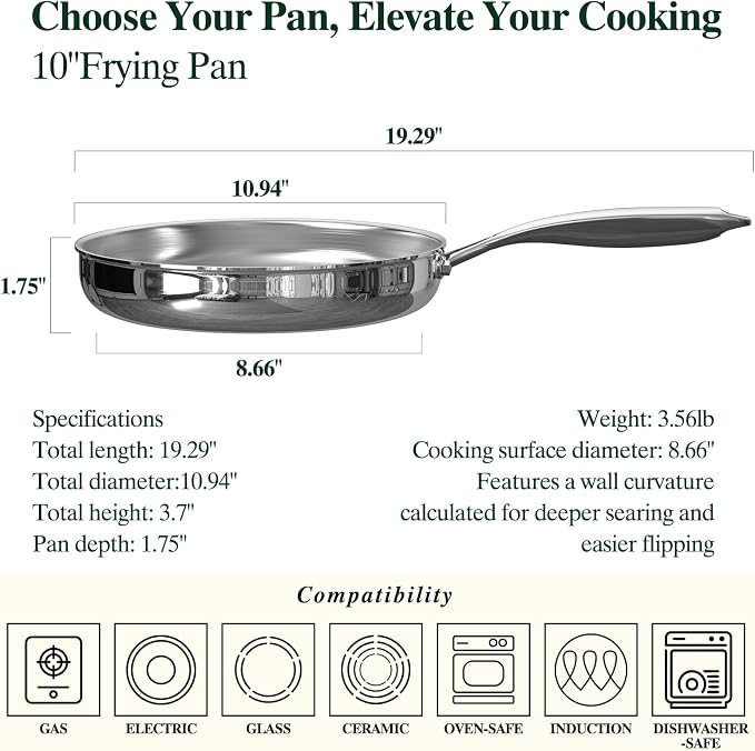 Umite Chef 10 Inch Stainless Steel Frying Pan, Non-Toxic 5 Ply Stainless Clad - Image 3