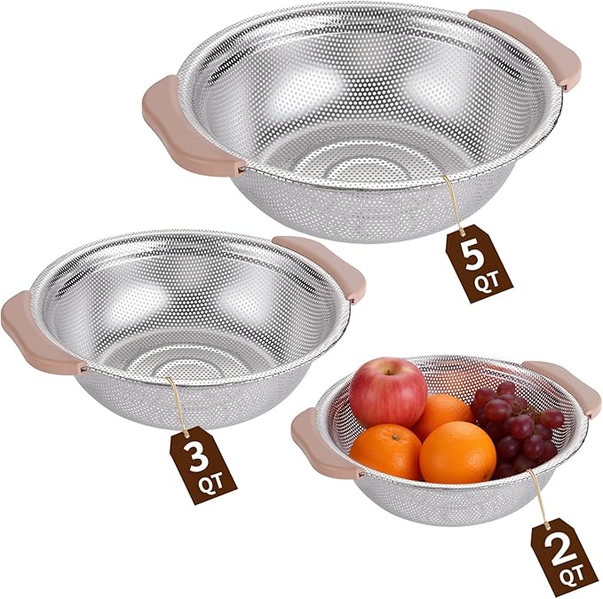 Colander Set with Plastic Handles, Stainless Steel Micro-Perforated Colanders by HomeGood4Less