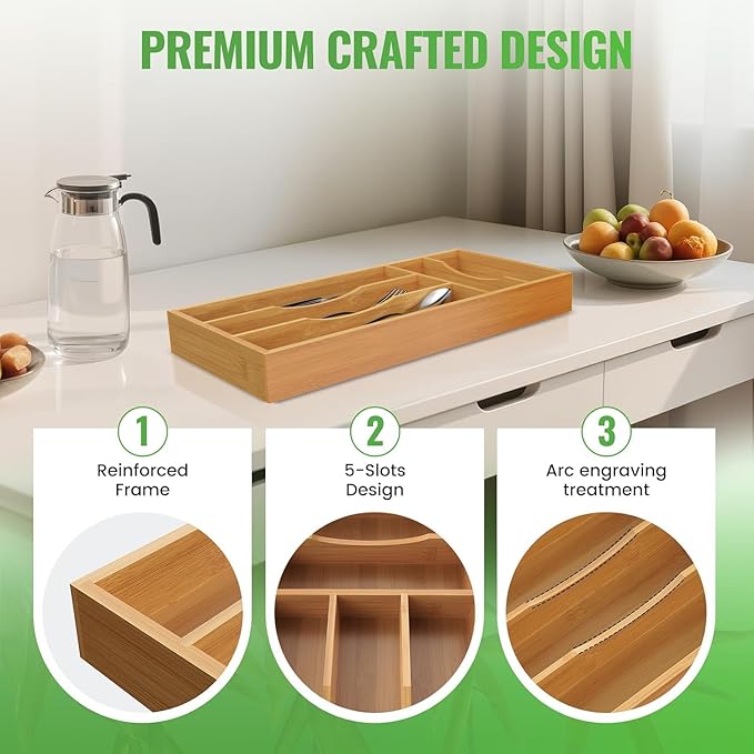 Small Silverware Organizer, Bamboo Kitchen Drawer Cutlery Organizer, Utensil - Image 6