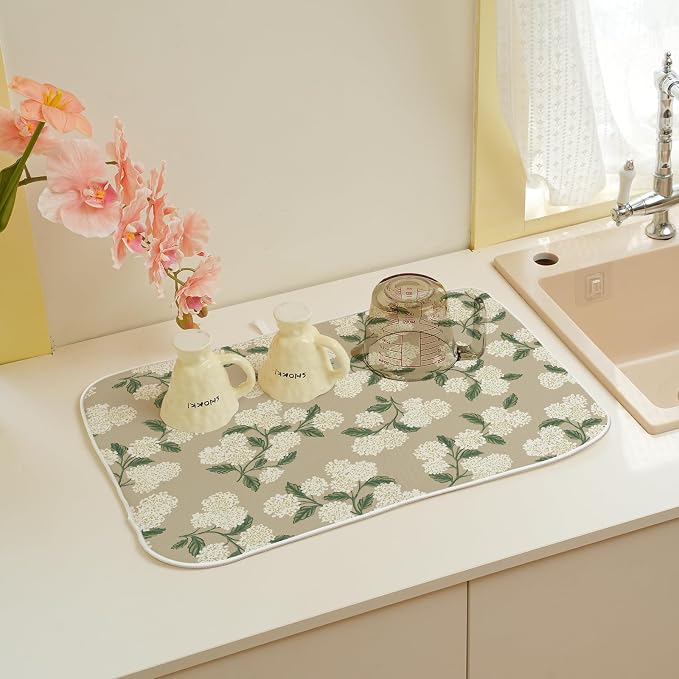 Beige Dish Drying Mat 18x24 Inch Khaki Green Vintage Floral Hydrangea Flower - Image 6
