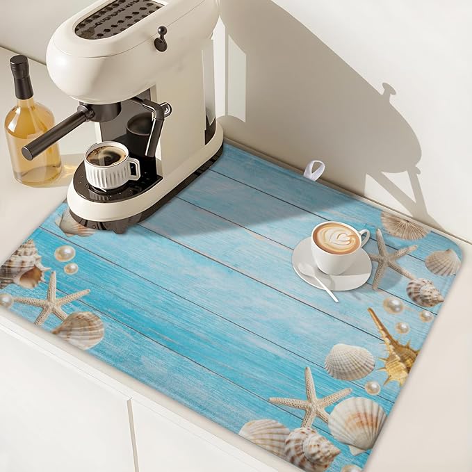 Summer Coastal Dish Drying Mat for Kitchen Counter Seashell Starfish Blue - Image 7