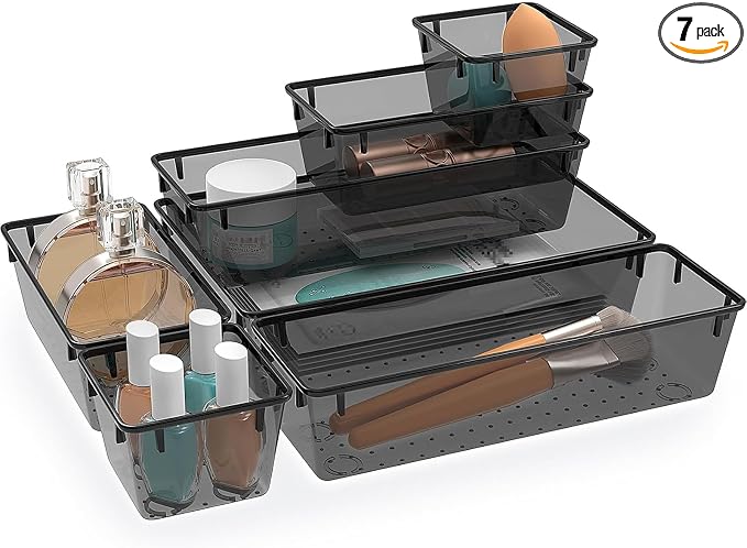 StorMiracle 7 PCS Clear Plastic Drawer Organizers Set, 4 Size Desk Drawer by StorMiracle