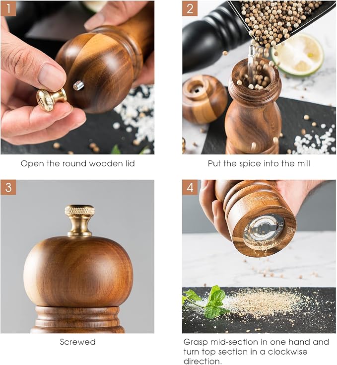 BILL.F Salt and Pepper Grinder Wooden Black Pepper Mill Grinder Salt Pepper - Image 6