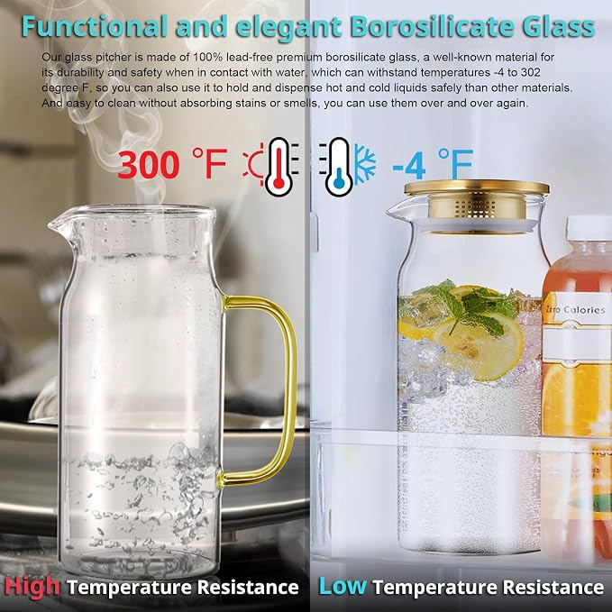 Bivvclaz 2 Pack 2 Liter 68 oz 2.1 Qt Gold Glass Pitcher - Image 5