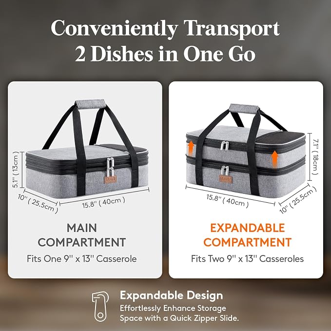 Lifewit Insulated Double Decker Casserole Carrier, Expandable Lasagna Lugger - Image 2