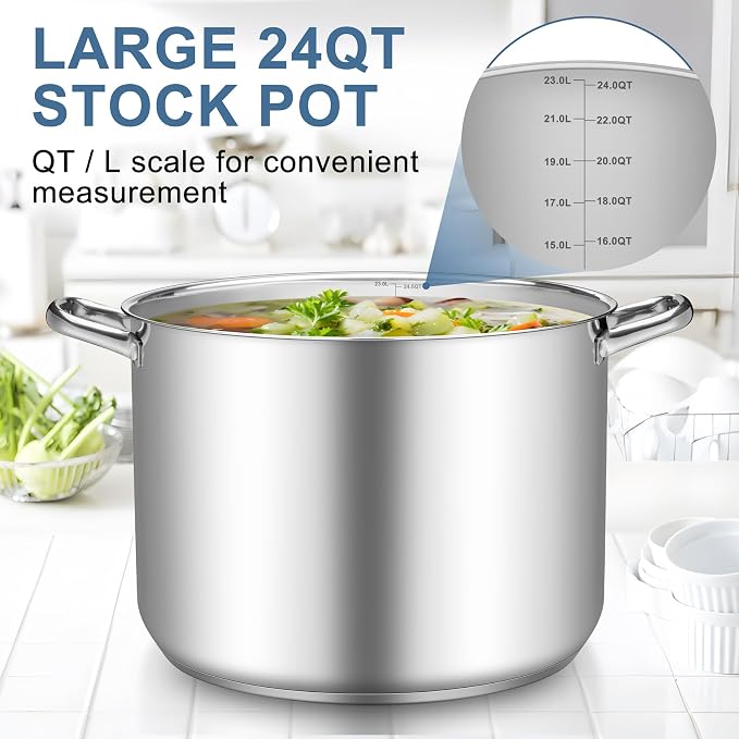 TeamFar Stainless Steel Stock Pot, 24QT Large Stockpot Tri-ply Bottom Cooking - Image 4