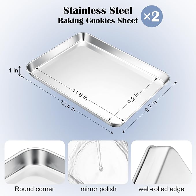 E-far Stainless Steel Baking Sheets, 12.4” x9.7” x 1” Baking Cookie Sheets Pans - Image 2