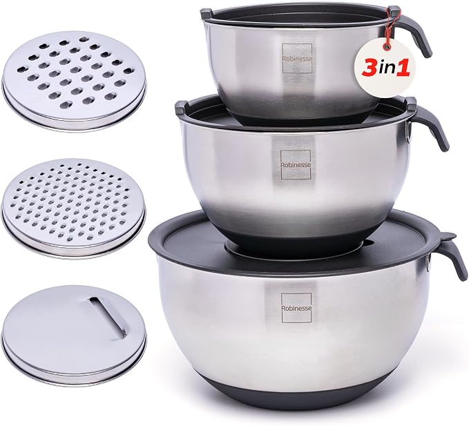 Stainless Steel Mixing Bowls Set of 3, Large Nesting Bowls by Robinesse