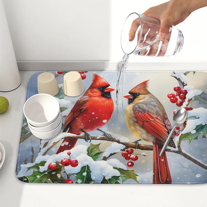 Winter Cardinal Birds Dish Drying Mat, Holly Berry Branches Dish Drying Mat - Image 6