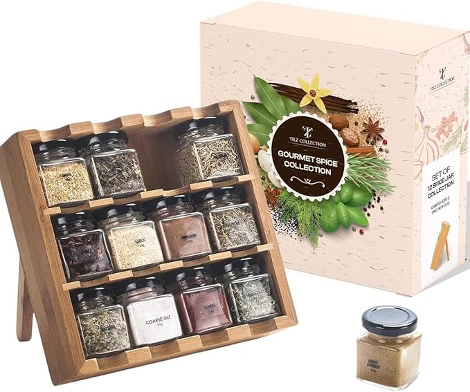 TILZ GEAR Wooden 3-Tier Spice Rack, 12 Filled Glass Jars, 12 Organic Spices - Image 7