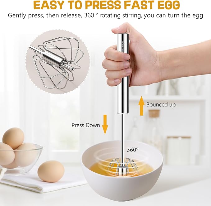 NileHome Stainless Steel Whisk 8" Hand Blender + 10" Semi-Automatic Rotary - Image 3