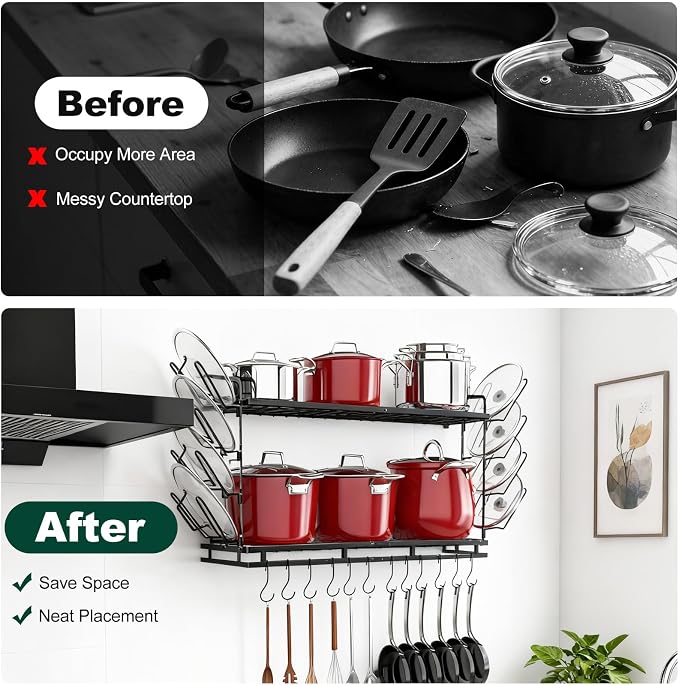 Housolution Pot Rack Wall Mounted, 3 Level Height Adjustable, 2 Tier Heavy Duty - Image 5