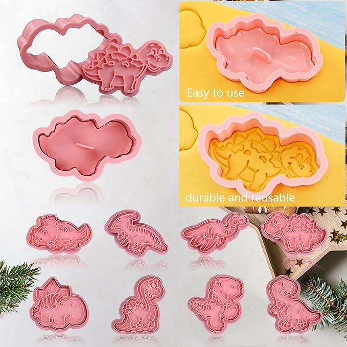 Dinosaur Cookie Cutters With Plunger Stampers Set, 8 Piece 3D Dinosaur - Image 4