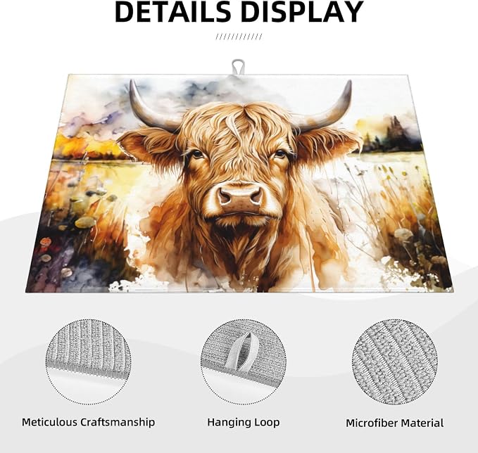 Watercolour Cow Head Dish Drying Mat XL Microfiber Kitchen Drying Mat Large - Image 3
