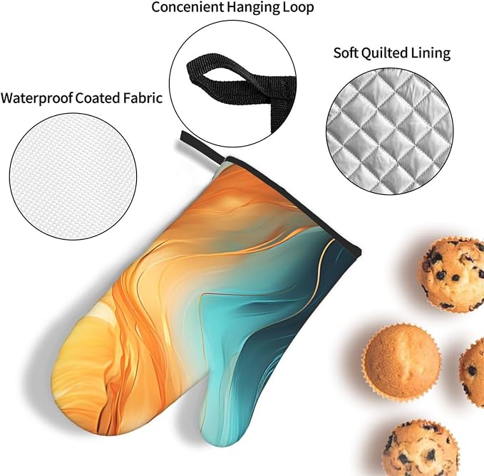 Orange Teal Marble Oven Mitts and Pot Holders Sets of 3 Kitchen Hot Pads Modern - Image 5