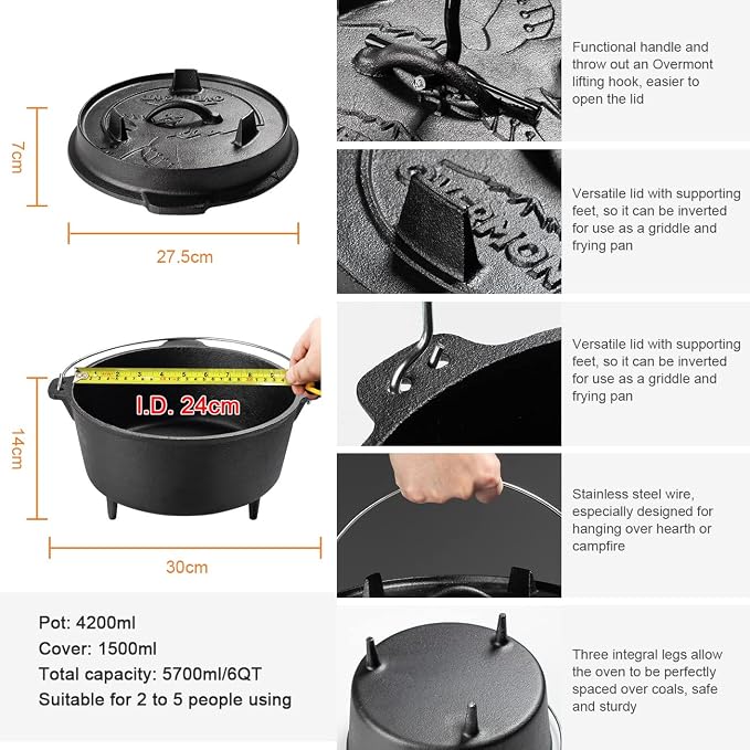 Overmont Camp Dutch Oven Pre Seasoned Cast Iron Lid Also a Skillet Casserole Pot - Image 4