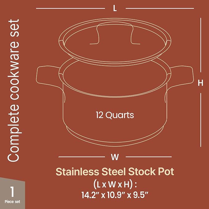 Stainless Steel Stockpot with Lid 12 Quart, Durable 18/8 Stainless Steel - Image 2
