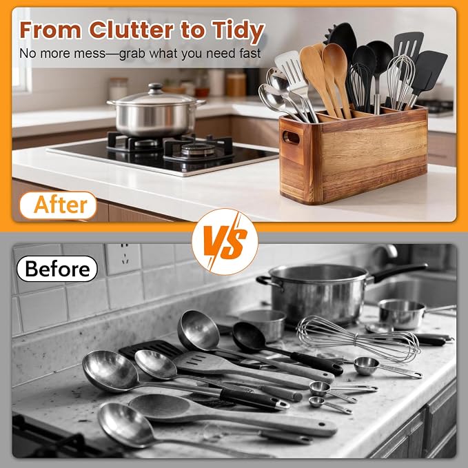 Kitchen Utensil Holder for Counter or Countertop, Large Wooden Utensil Holder - Image 3