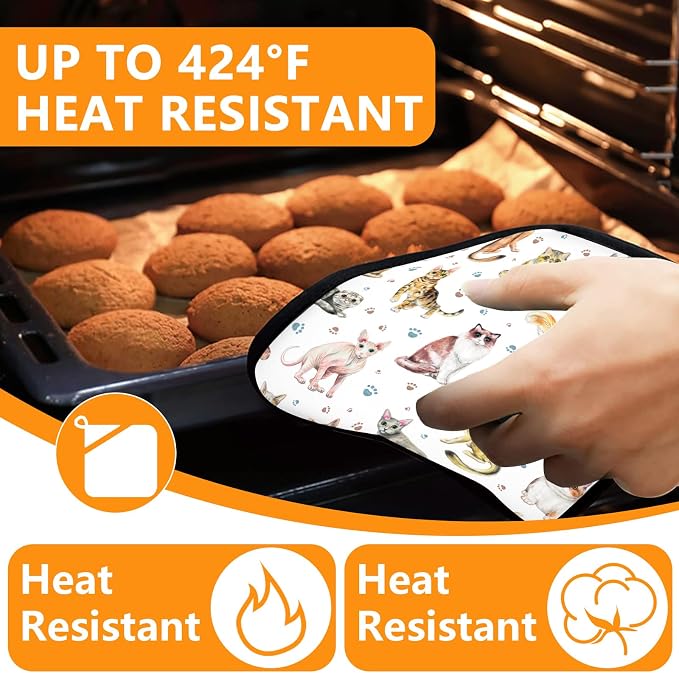 Cute Cats Oven Mitts and Pot Holders Sets 4Pcs, Extra Long Oven Gloves Potholder - Image 4