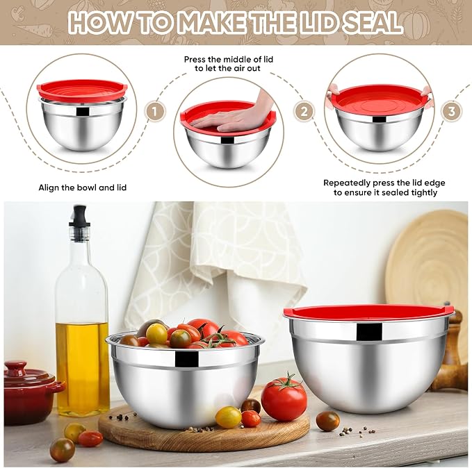 TeamFar Mixing Bowls, 4.5/3/1.5/1/0.7 QT, Stainless Steel Metal Nesting Salad - Image 6