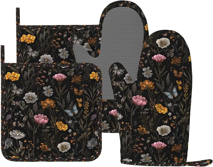 Oven Mitts and Pot Holders Flower Butterfly Boho Botanical Silicone Kitchen by DADABULIU