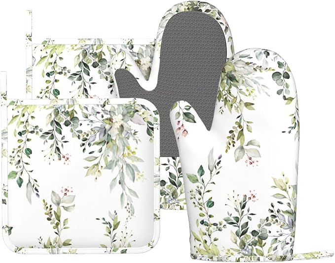 Sage Green Eucalyptus Oven Mitts and Pot Holders Sets Silicone Watercolor by MIFSOIAVV