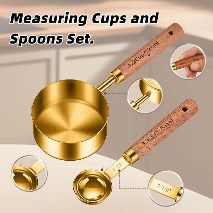 Stainless Steel Measuring Cups and Spoons Set of 8, Stackable Wooden Handle - Image 4