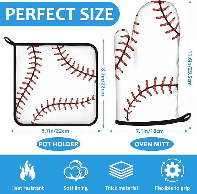 Baseball Oven Mitts and Pot Holders Sets Heat Resistant 4Pcs Potholders Oven - Image 2