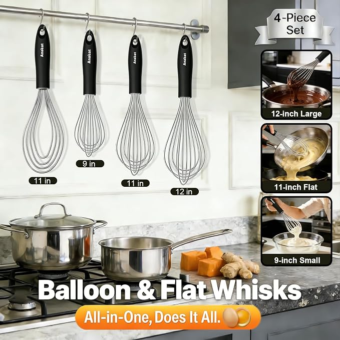 Anaeat Stainless Steel Kitchen Whisk Set of 4, Milk and Egg Beater Blender - Image 6