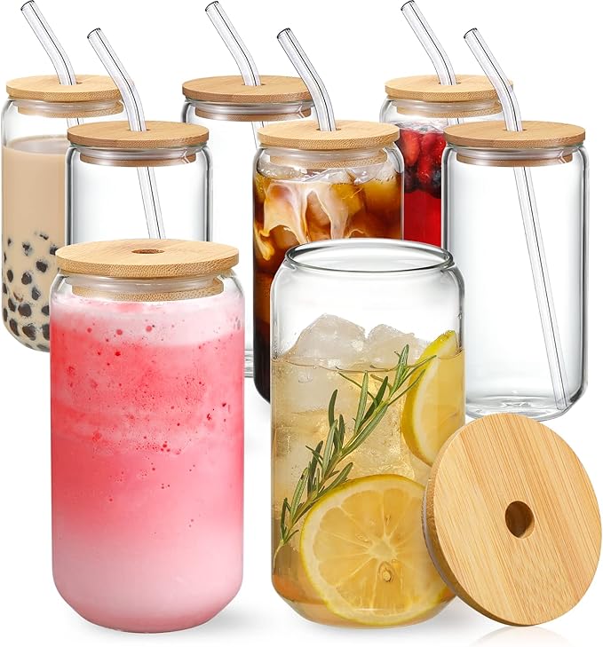 NETANY Drinking Glasses with Bamboo Lids and Glass Straw - 16oz Glass Cups by NETANY
