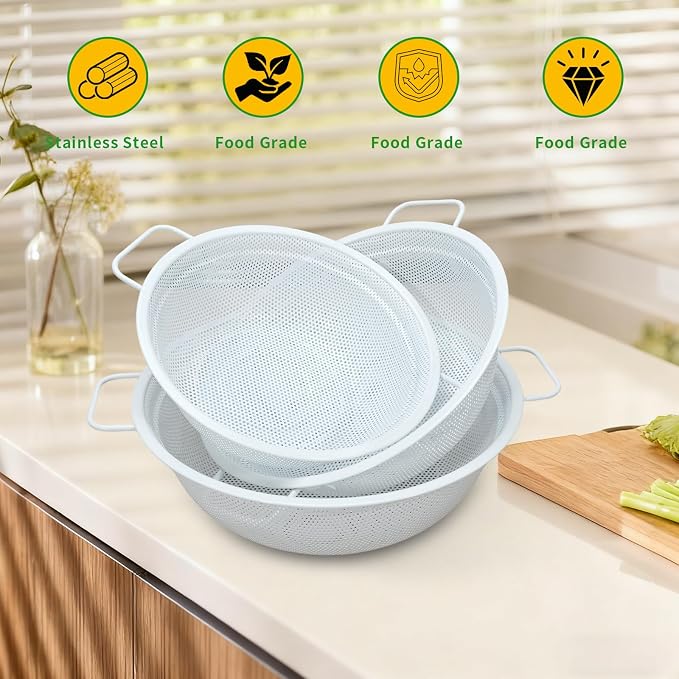 Colander Set with White Coating, Stainless Steel Micro-Perforated Colanders - Image 7