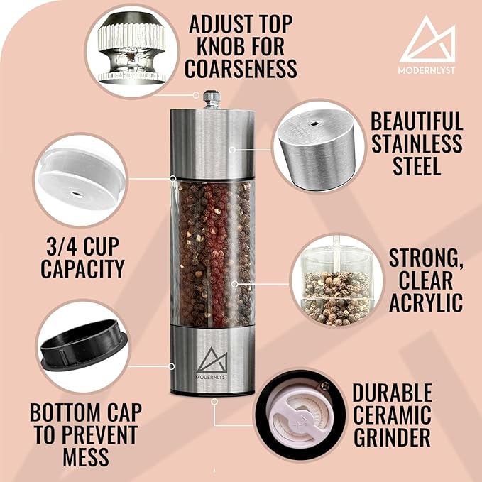 Salt and Pepper Grinder Set Manual 2 Pack | Large Round Salt and Pepper Shakers - Image 4
