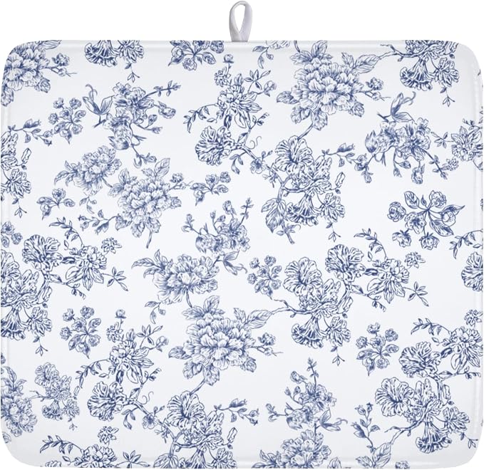 Blue Floral Dish Drying Mat for Kitchen Counter Chinoiserie Flower Microfiber by Unknown