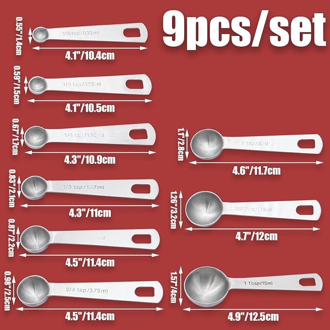 Luomorgo 9 Pc Measuring Spoons Set, Stainless Steel, 1/16 to 1 tbsp - Image 2