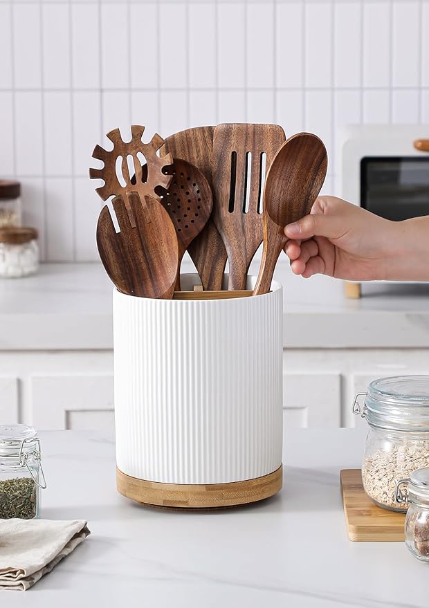 LoeJan 7.5" Utensil Holder, 3 Compartment Ceramic Kitchen Utensil Holder - Image 4