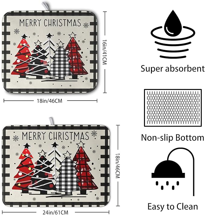 Christmas Trees Kitchen Dish Drying Mat 18x24 Inch Merry Christmas Black White - Image 2